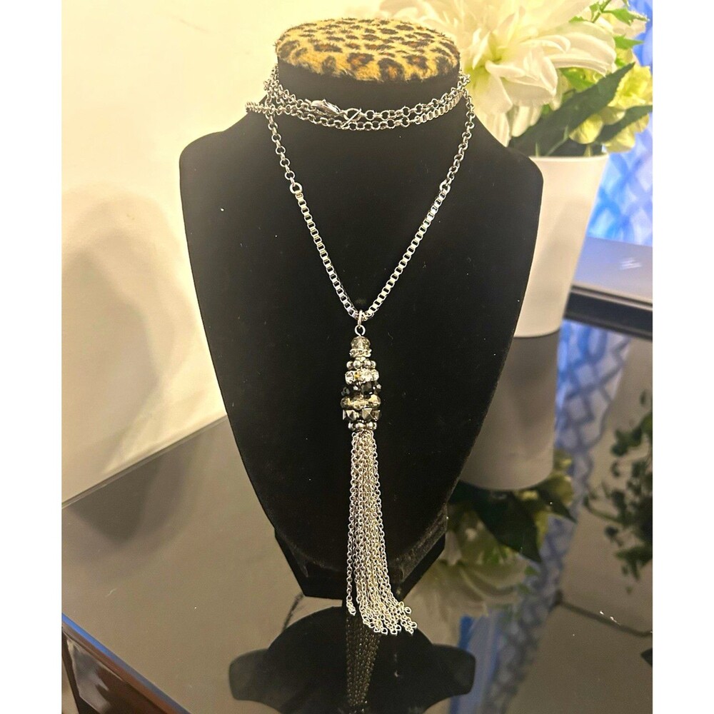 Park Lane Silver Tone Box Chain Necklace Clear Rhinestone Tassel Pendant